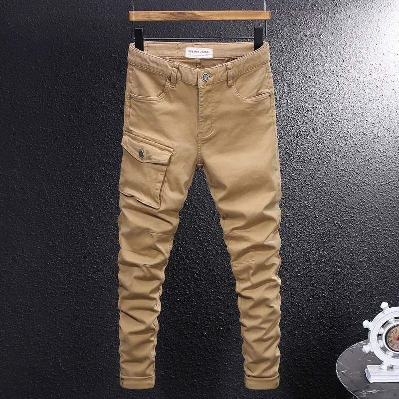 

Уличный дизайнер Модные мужские джинсы цвета хаки Светло-серые повседневные брюки-карго с несколькими карманами Hombre Y2K Досуг Хип-хоп Винтажные джинсы Мужчины