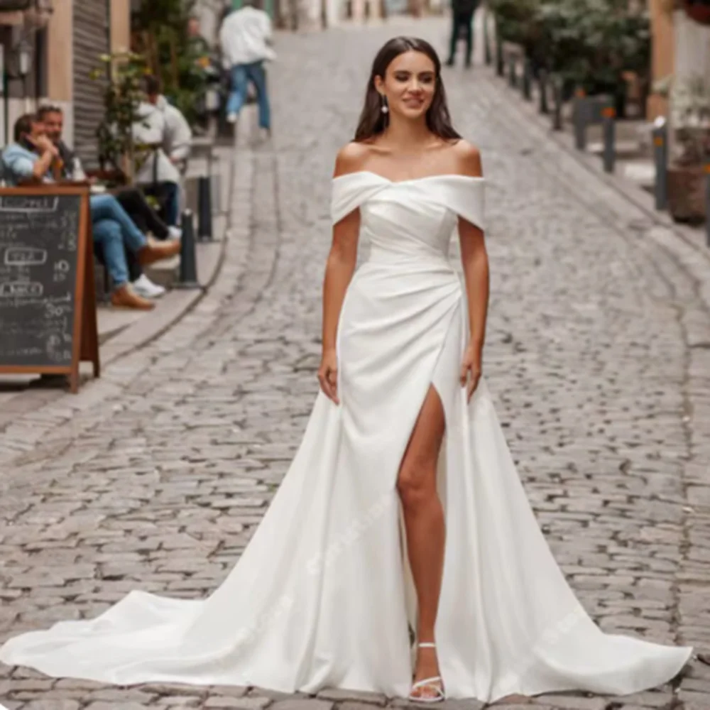 

Sexy Off Shoulder Beach Wedding Dresses 2025 Satin Sheath Bridal Dress Mermaid Detachable Train Wedding Gowns Plus Size Split