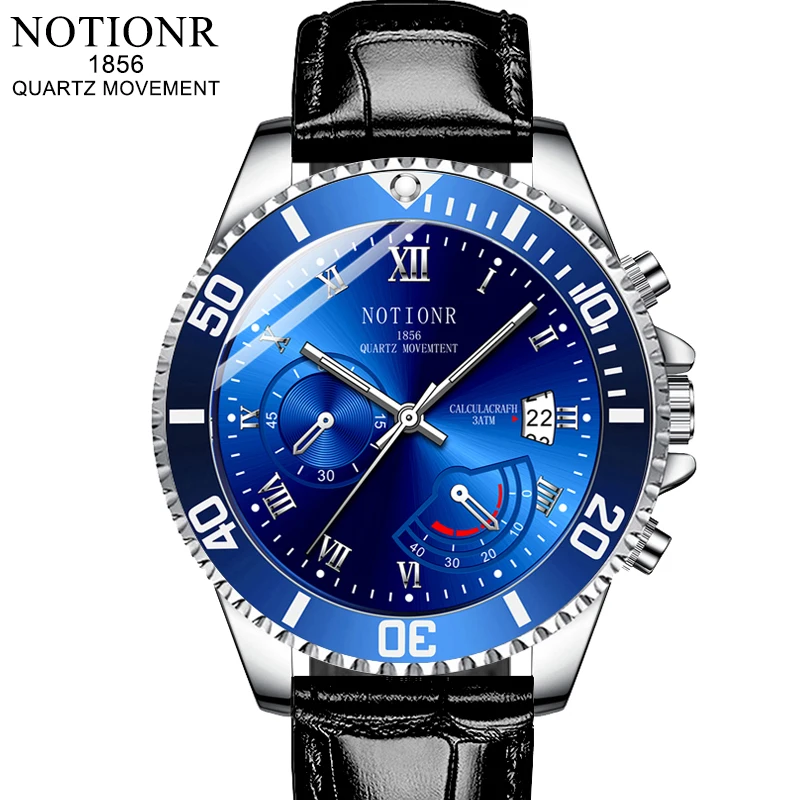 NOTIONR Fashion Mens Blue Watches Men Military Calendar Quartz Wrist Watch Luxury Man Business Leather Watch reloj hombre