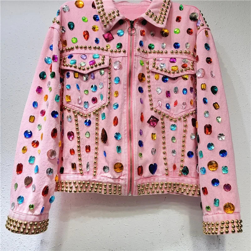 Women Rainbow Diamonds Beaded Pink Denim Coat Loose Rhinestones Jeans Jacket Long Sleeve Crystal Cowboy Cardigan Rivets Tops