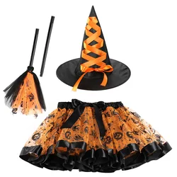 Girls Halloween Witch Cosplay Costume Theme Party Carnival Sorceress Roleplay Clothes Props Print Mesh Tutu Skirt with Hat Broom