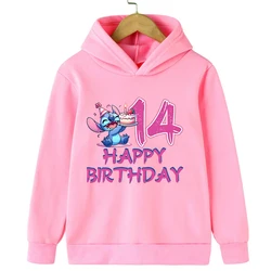 New Stitch Children Hoodies Birthday Number 1-14 Girl Boy Kids Pullover Anime Cartoon Casual Clothes Kid Kawaii Tops Sweatshirts