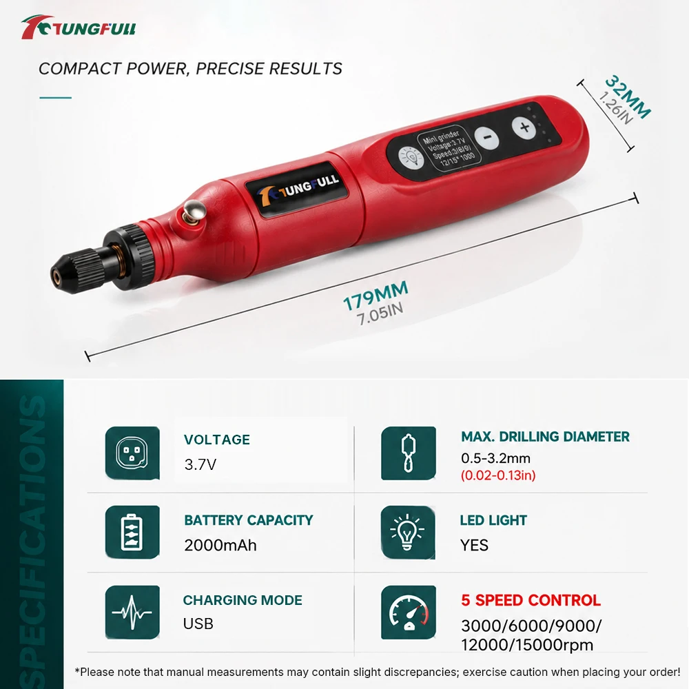TUNGFULL Cordless Electric Drill 3.7V 2000mAh Battery Mini Grinder Pen with LED Light 5 Speeds for Nail Art Metal Polishing Tool