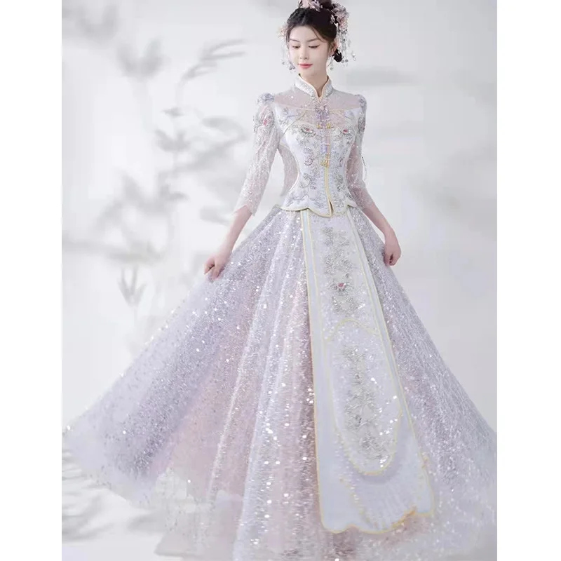 Yourqipao Chinese Traditional Xiuhe Bridal Clothes Women Wedding Toast Clothes Bridal Luxurious Purple Wedding Dresses Sets 2024