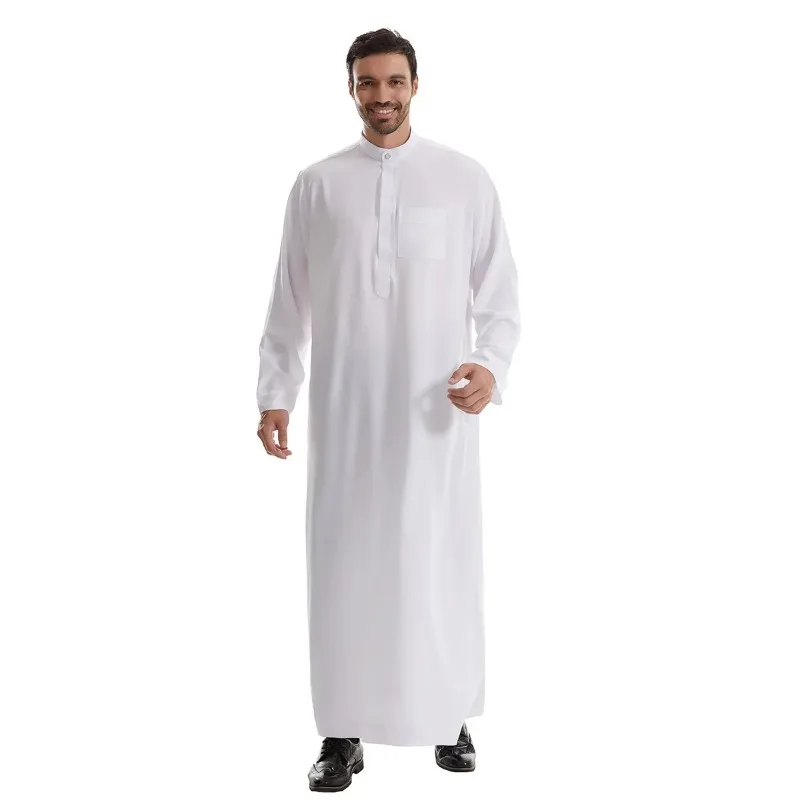 Baru 2024 Muslim Timur Tengah pria lengan panjang leher kru Arab warna Solid Islami Kaftan Maxi Dubai panjang Jubba Thobe pakaian Abaya