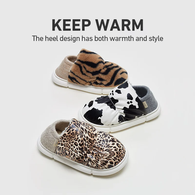 UTUNE Leopard Print Toast Winter Women Slippers Warm Soft Waterproof Non-slip Outside Shoes Men Plush Flats Couple Home Slides