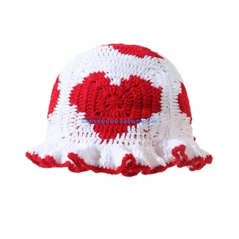 

573B Handmade Bucket Hat Handwoven Heart Patches Crocheted Hat for Music Festival Stylish Heart Fisherman Hat