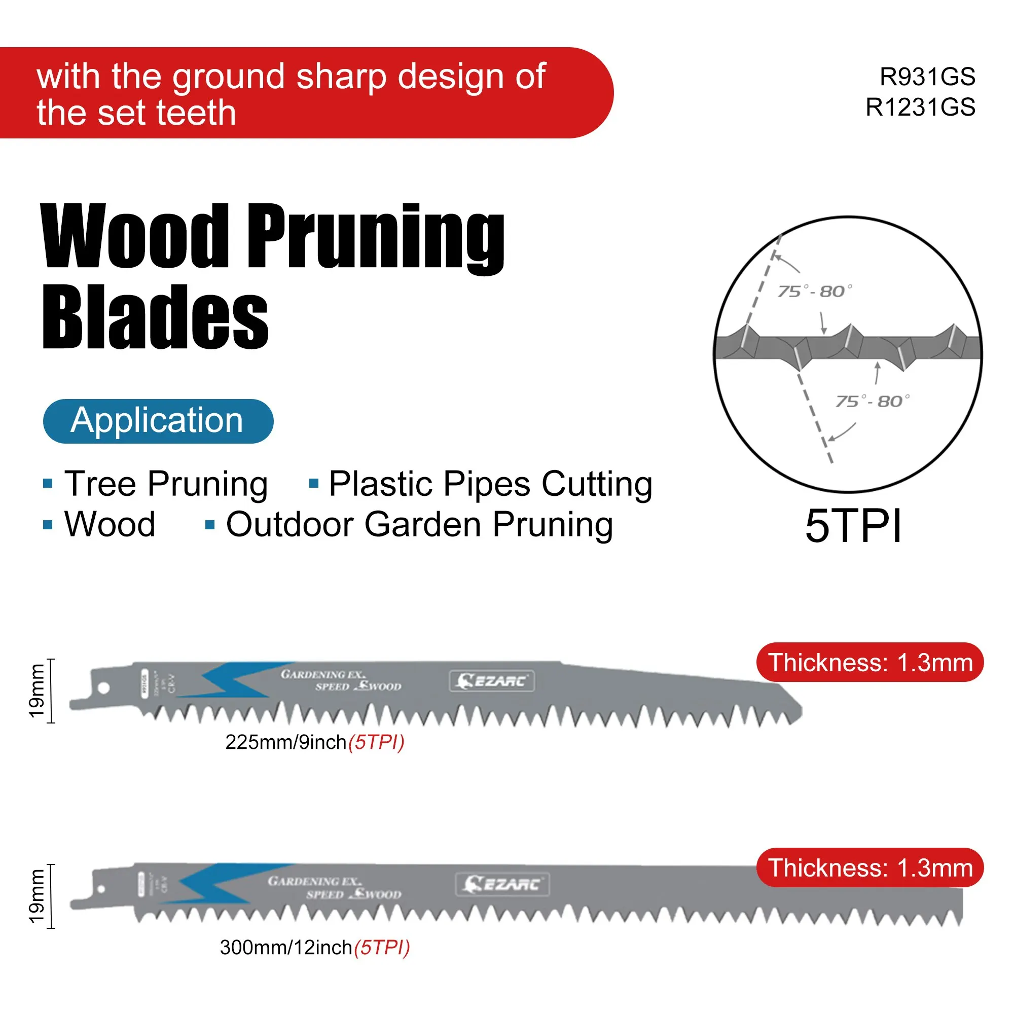 EZARC Wood Pruning Reciprocating Saw Blade, 225mm / 300mm Reciprocating Saw Blades R931GS / R1231GS 5TPI (5-Pack)