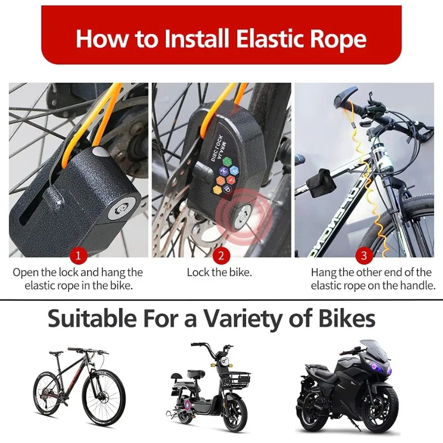 إنذار القرص قفل مجموعة 2 قطعة قفل الفرامل مع ميزة مضادة للسرقة مقاوم للماء 110 ديسيبل إنذار بصوت عال 7 مللي متر دبوس قطر 5ft تذكير كابل ل