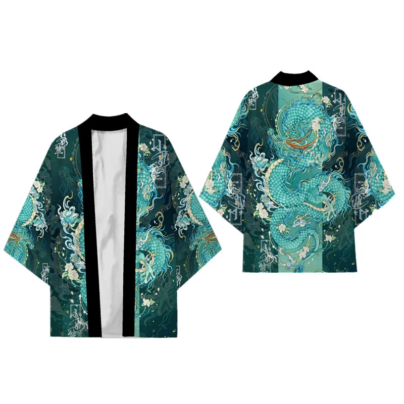 Japanese Traditional Samurai Kimono Men Women Anime Dragon Printed Green Loose Cardigan 3/4 Sleeve Harajuku Haori Coaplay Shirt