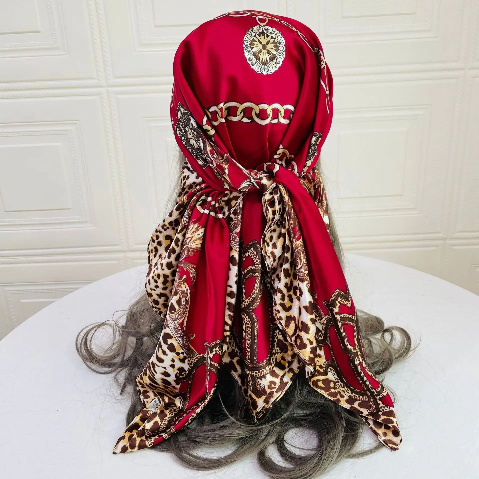 Faux Silk Scarf Female Russian Leopard Print Shawl Kerchief Cashew Square Hijab 90*90cm