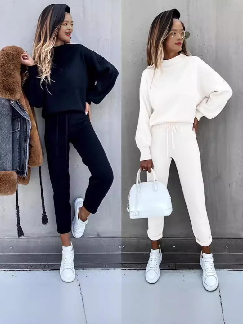 

Casual Two Piece Set Oversized Windproof Long Sleeve Outfit Round Neck Tie Waist Loungewear Wide Leg Cozy Pants Ensemble