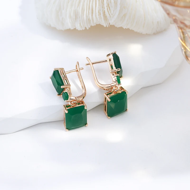 SYOUJYO Square Big Dark Green Natural zircone orecchini pendenti per le donne 585 colore oro rosa Vintage opale etnico Trendy Fine Jewelry