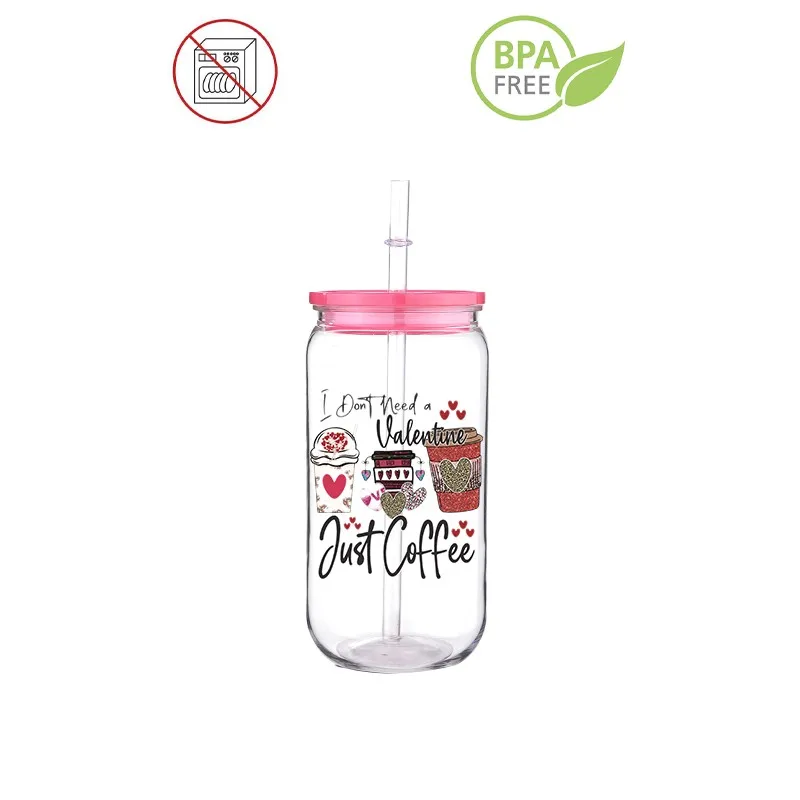 Valentine Drink Coffee Printed Transfer BPA Free Plastic Straw Cup Comes With Sreaw And Cup Lid Can Coffee 16 OZ Leopard print