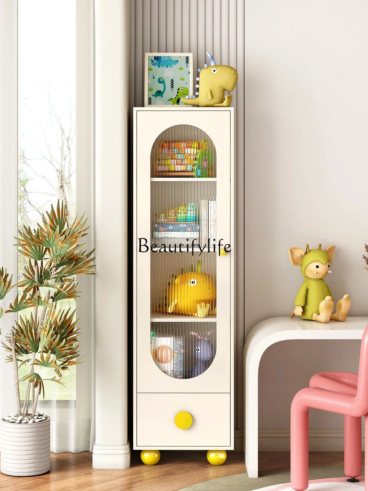 Simple Retro Living Room with Glass Dustproof Display Cabinet TV Sofa Edge Bookshelf 45cm