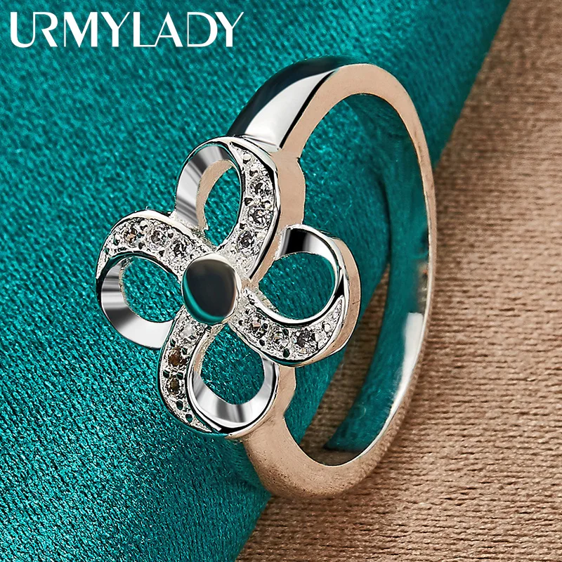 

URMYLADY 925 Sterling Silver Four-Leaf Flower 7-10# Ring For Women Wedding Engagement Party Fashion Charm Jewelry