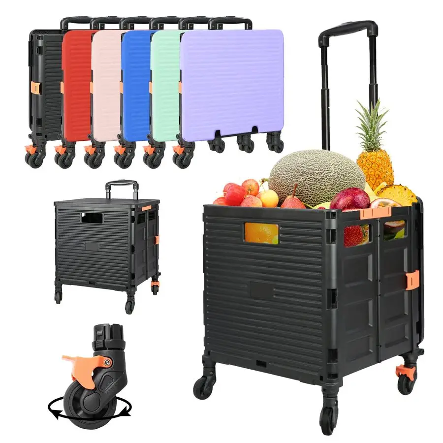 

Foldable Utility Cart Portable Rolling Crate Handcart Shopping Trolley Collapsible Tool Box with Rotate Wheels Durable Duty Plas