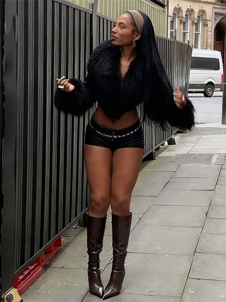 

Cutenew Hipster Fur V-Neck Crop Top Women PU Patchwork Basic Wild Sexy Clubwear Stretch Full Sleeve Winter Y2K Pullover Tees