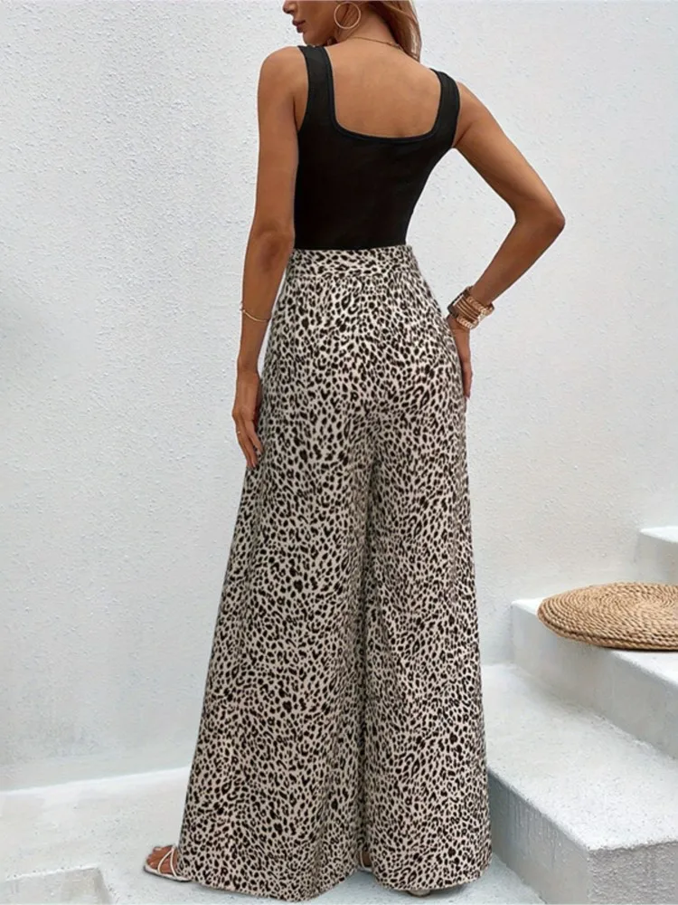 Vrouwen nieuwe luipaardprint wijde pijpen broek hoog getailleerde elastische flowy palazzo broek zomer boho vakantie casual bodems broek