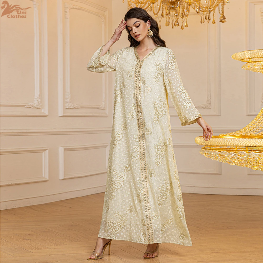 2025 printemps mousseline de soie paillettes Jalabiya Eid Djellaba dubaï Abaya robe musulmane pour les femmes Islam vêtements Kebaya Caftan Marocain Femme