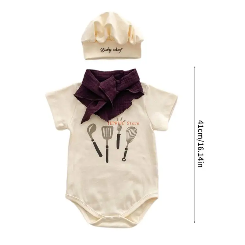 مجموعة ملابس قطنية مكونة من 3 قطع من ملابس الطهاة حديثي الولادة U50F تتضمن رومبر ووشاح قبعة #6