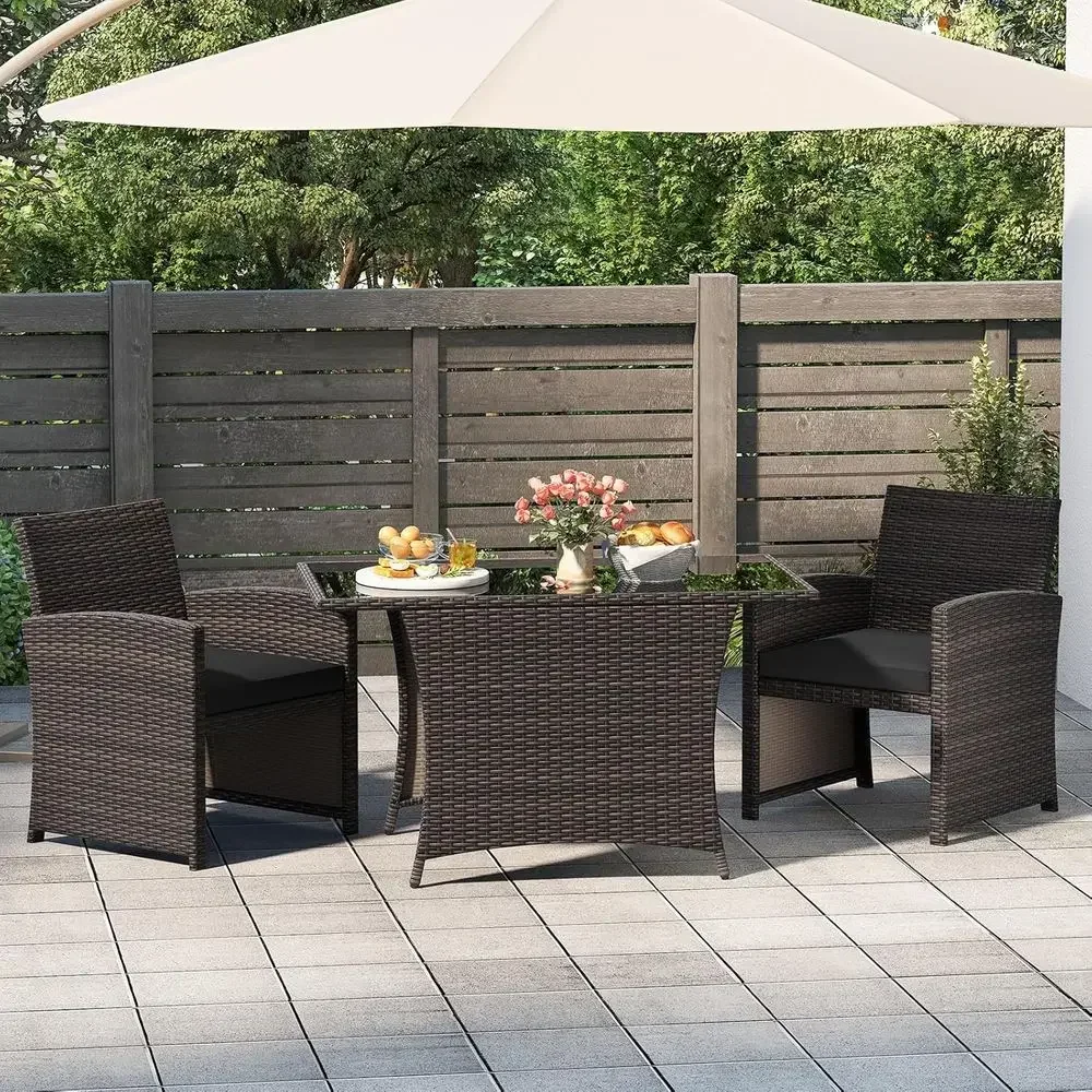 3-Piece Outdoor Wicker Dining Set with 2 Chairs and Tempered Glass Table, Ideal for Patio, Backyard, Porch, Poolside