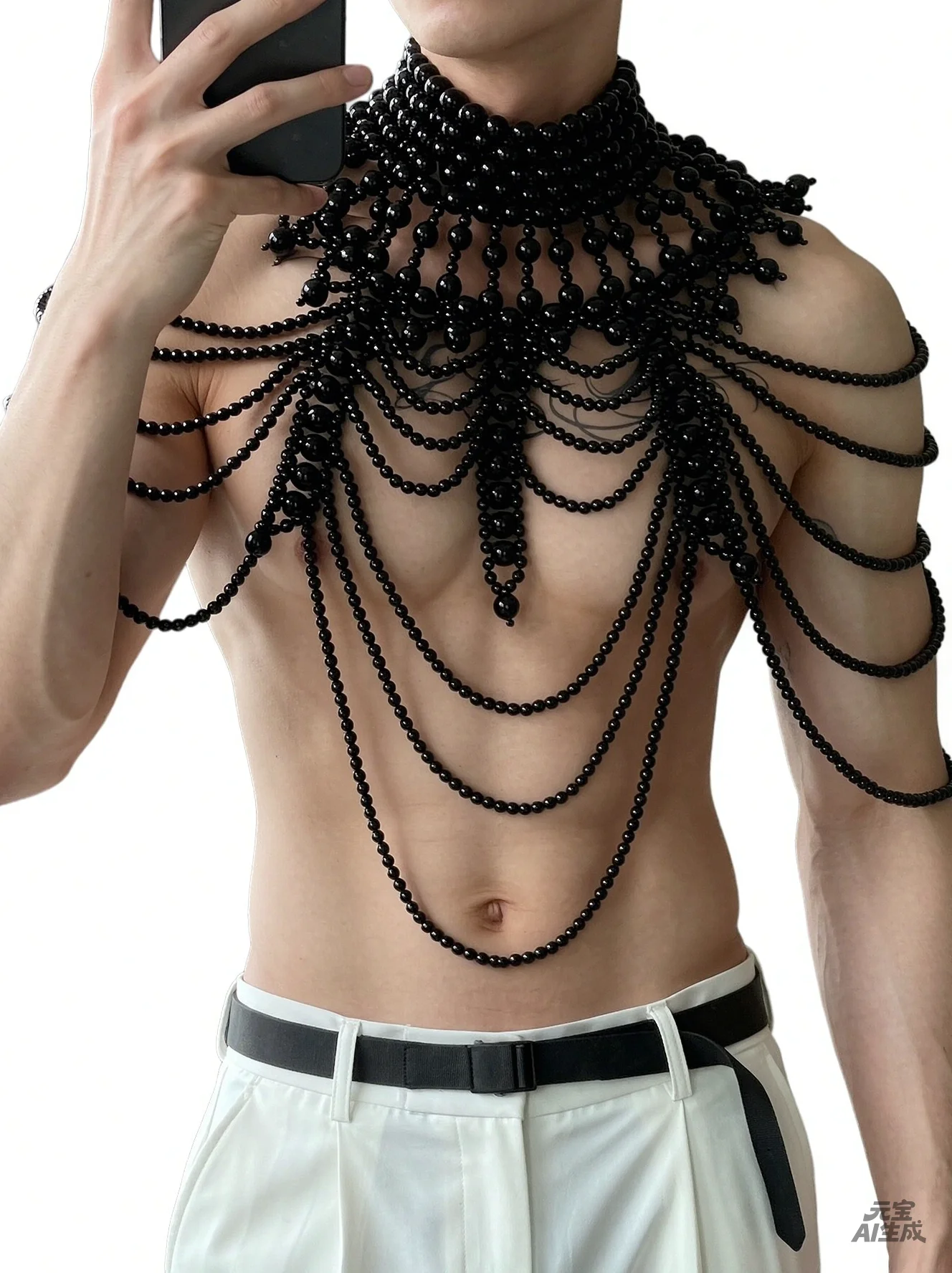 Sexy See Through Turtleneck Pearls Beading Club Crop Top Pullover Short Tops  Garment Chain Male Tanks Clothes Accessories