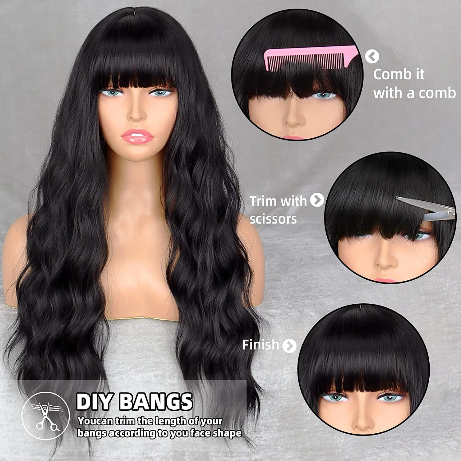 Black Wig with Bangs Long Black Wavy Wigs for Women Synthetic Wigs Black Curly Hair Wig for Girls Daily Party Use