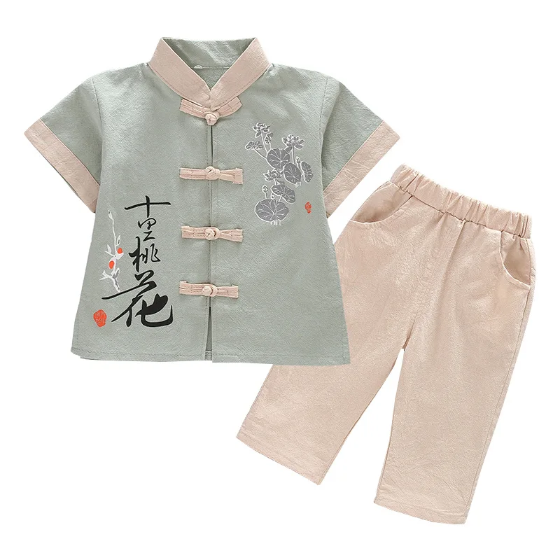 Jongen Meisje Nieuwe Chinese Stijl Bloemenprint Hanfu Kinderen Mooie Twee Stuk Broek Sets Korte Mouw Rollenspel Vintage knop Kostuum