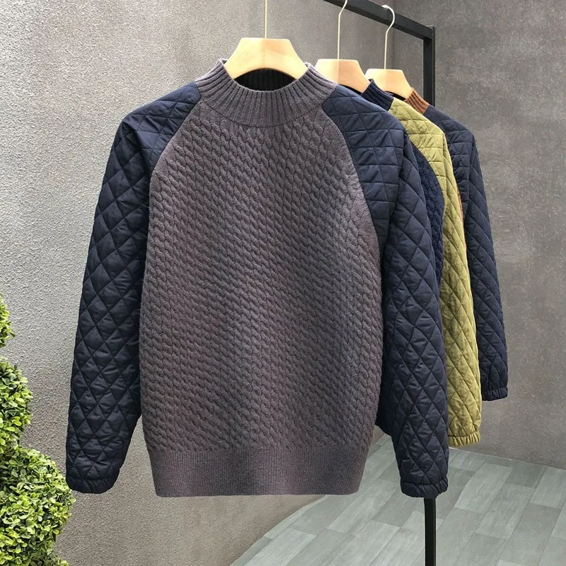 Casual Men Warm Sweater Loose Patchwork Knitted Street O-Neck Long Sleeve Pullover Harajuku Style Soft Bottoming Shirt Jumper