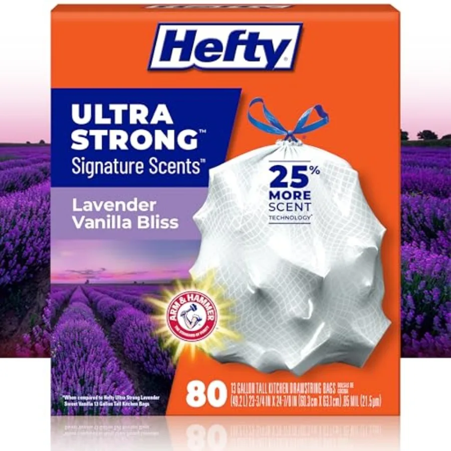 

Ultra Strong Signature Scents 13 Gallon Trash Bags, Scent, Tall Kitchen Trash Bags with 25% More Scent Technology, White, 80 Co