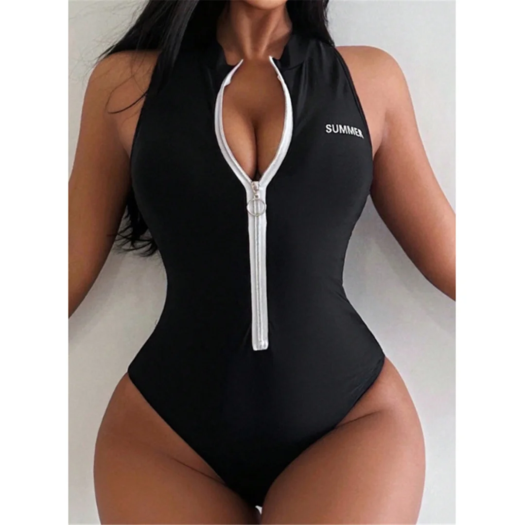XS - XL, mit Reißverschluss, hoch geschnittene Beine, einteiliger Badeanzug, Damen-Badebekleidung, Damen-Monokini, gepolsterter Badeanzug, Badebekleidung, Badeanzug, Sommer, V7880 – Detail 2