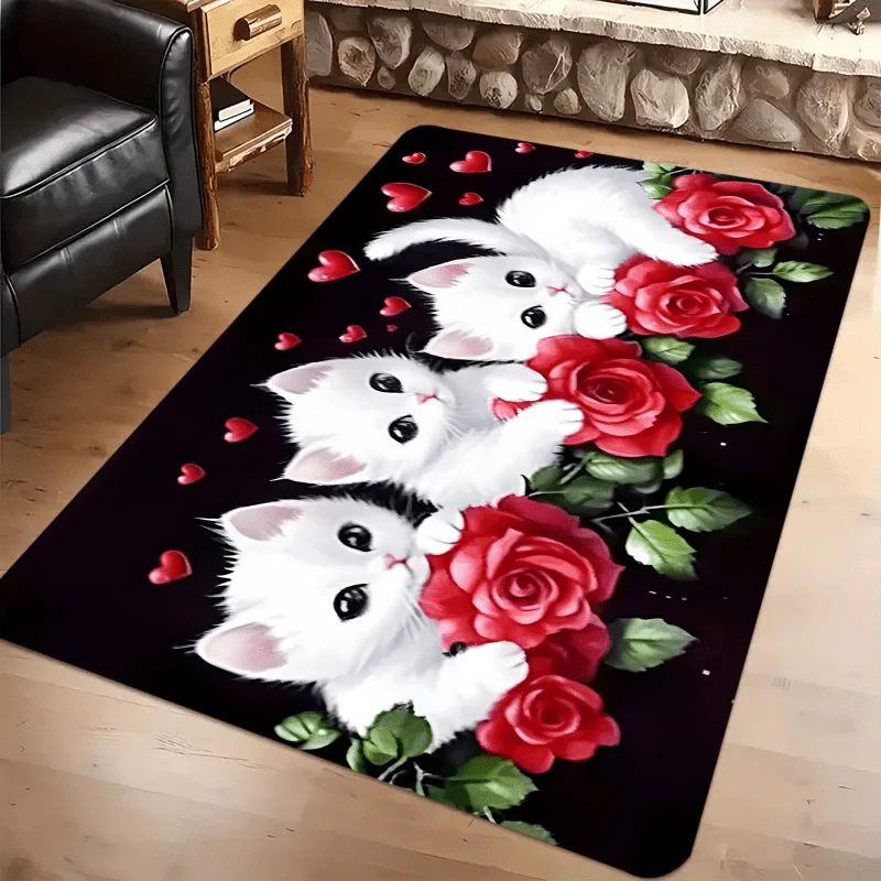 Cute White Cat Flannel Rug Red Rose Heart Print Floor Mat Soft Non-slip Area Carpet for Living Room Bedroom Home Decor