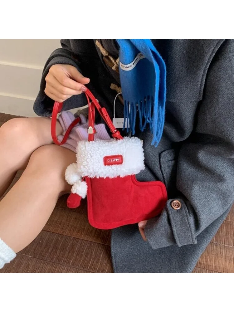 Kawaii Sweet Christmas Girls Red Socks Plush Bag Fashion Minimalist Cute Boots Soft Casual Fairy Tale Women Shoulder Bag - view 2