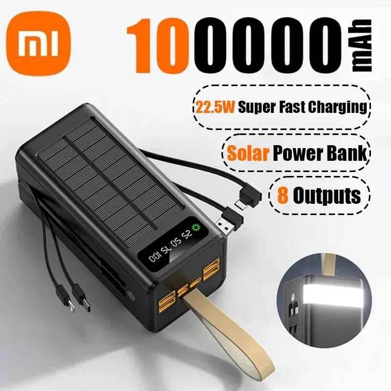 Xiaomi-Batterie Externe Solaire 100000mAh, Power Bank, Haute Capacité, Directions spatirées, Lumière LED, iPhone, Samsung 2024