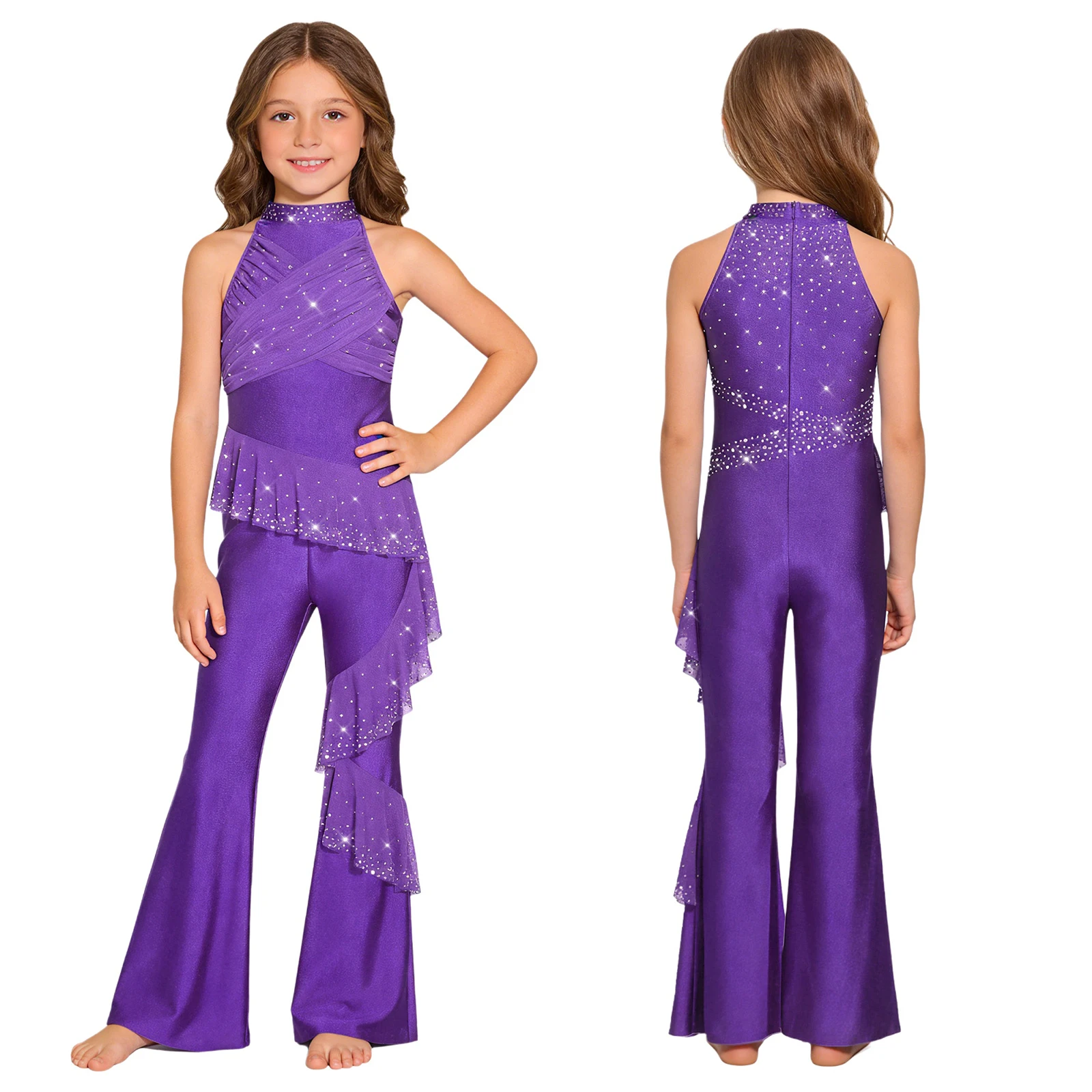 Teen Girls Sleeveless Shiny Rhinestones Ruffles Mesh Figure Skating Jumpsuit Ballet Dance Gymnastics Acrobatics Flared Leotard view 2