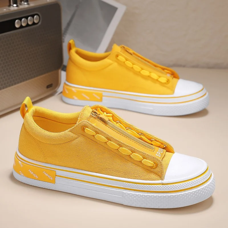 

2025 New Yellow Canvas Shoes Men Fashion Zipper Design Men's Skate Shoes Low Cut Platform Vulcanize Shoes Man Summer Espadrilles