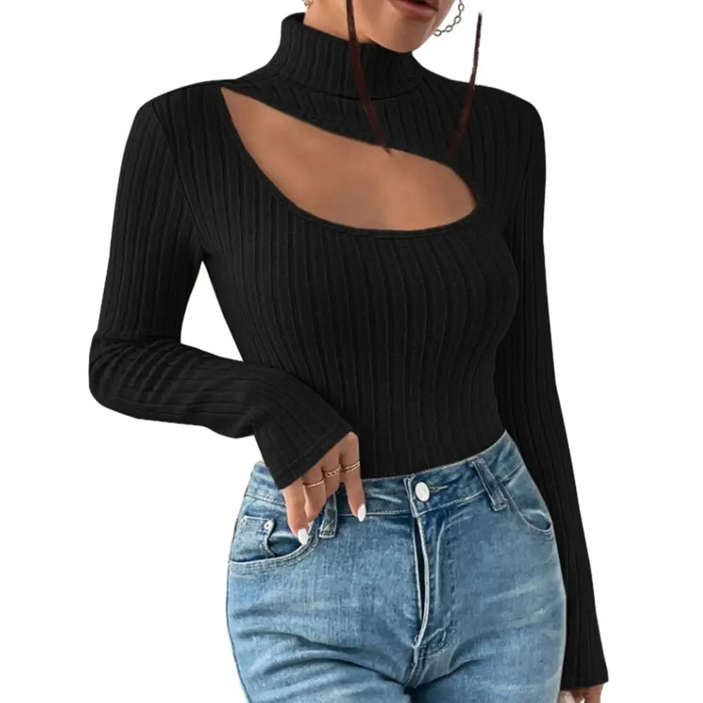 Fall Winter Women Top Hollow Out High Collar Long Sleeve Striped Knitted Elastic Slim Pullover Bottoming Sweater