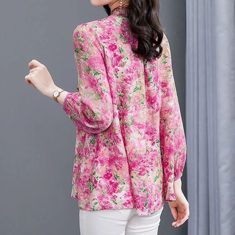 Vintage Shirring Button Floral Printing Chiffon Shirt Autumn 2023 New Stand Collar Long Lantern Sleeve Pullovers Ladies Clothing