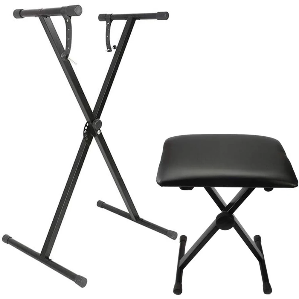 

X-type Keyboard Stand + Adjustable Folding Piano Bench Stool Seat Black