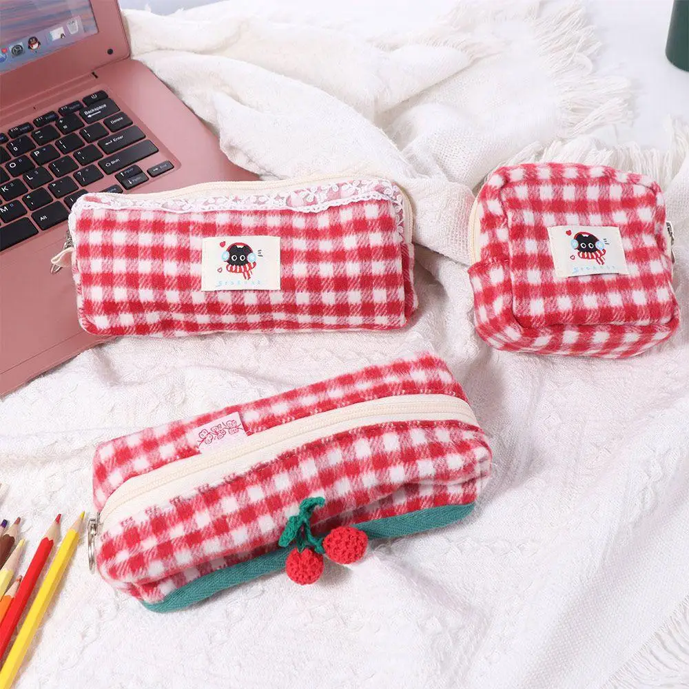 かわいいぬいぐるみチェック柄鉛筆ケースかわいい甘い化粧品ジッパーバッグシンプルなソフトチェック柄収納袋オフィス/学用品
