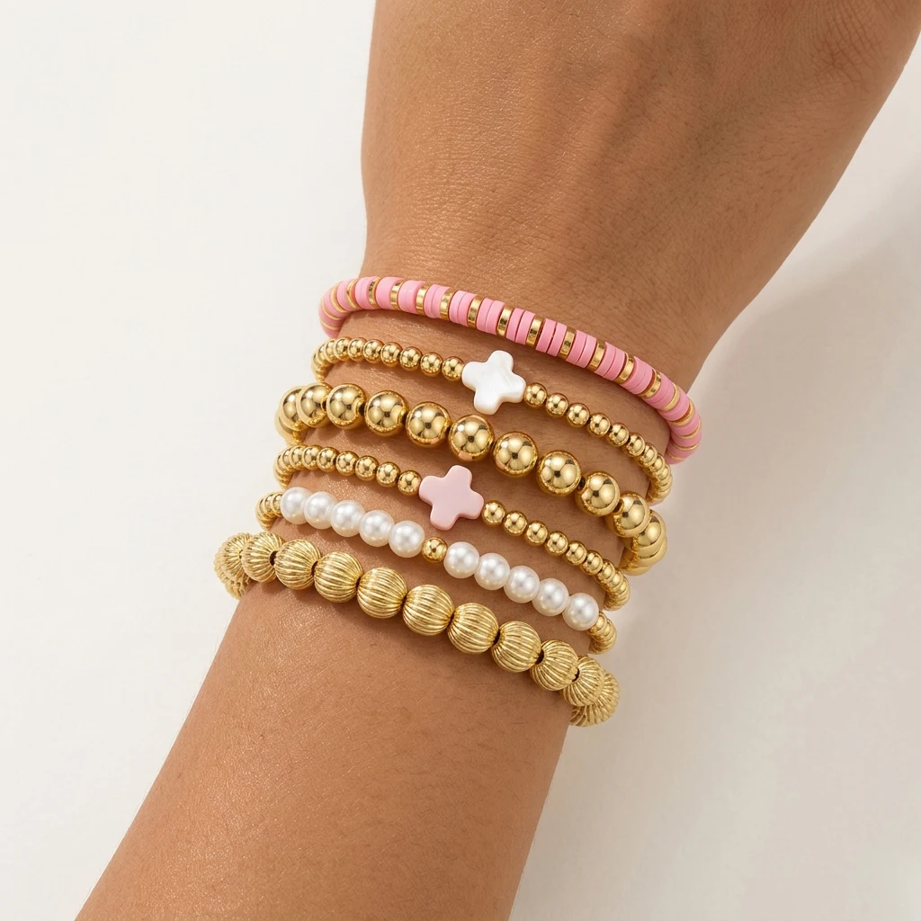 

Набор из 6 медных браслетов в богемном стиле с бусинами, золотистого цвета, эластичные, многослойные, для женщин