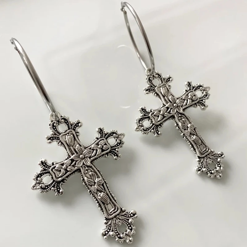 Large Antique Gothic Cross Hoop Earrings - Gifts for Her Trad Goth Jewelry Fashion Delicacy 2023 New Women Gift Girlfriend