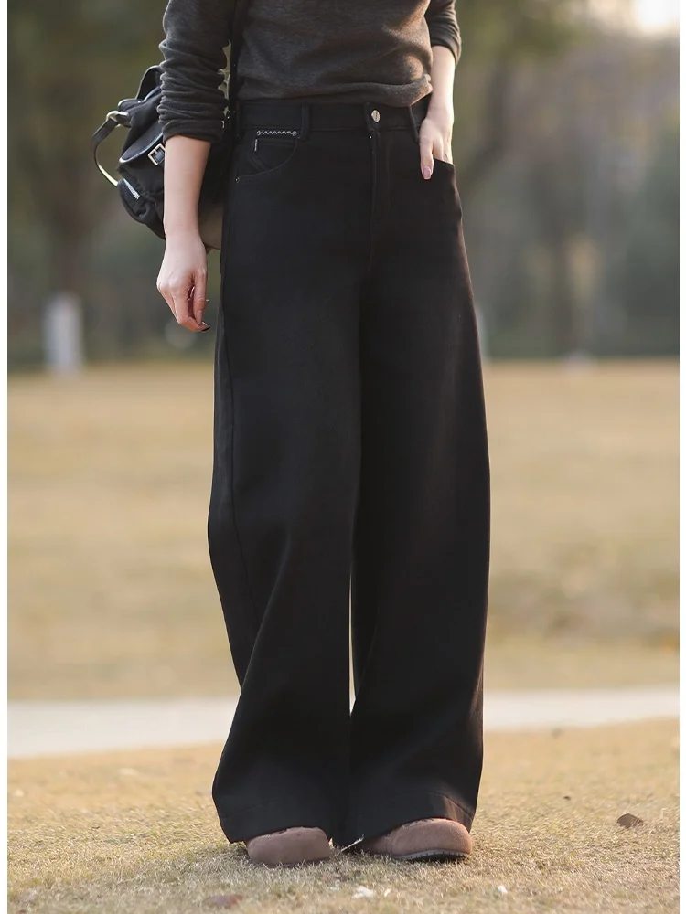 

Утепленные джинсы прямого кроя для женщин, зимние модные повседневные брюки больших размеров, расклешенные брюки-буткат