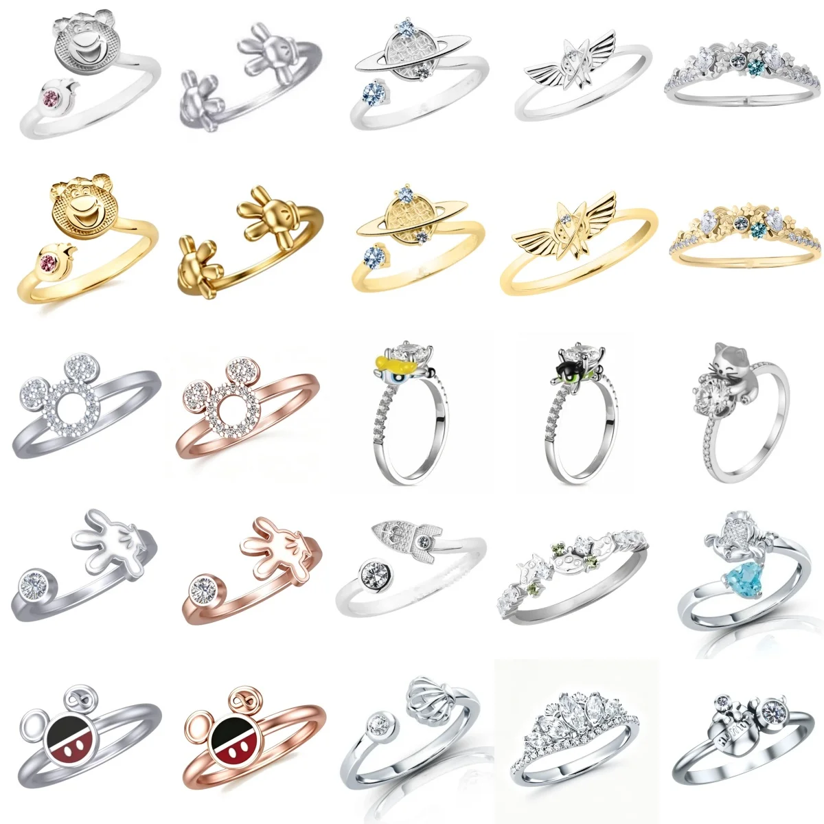 

2026 New Disney 925 Pure Silver Cute Cartoon Mouse, Cat, Carp Adjustable Ring,Zircon Fashion Women's Birthday Party Jewelry Gift