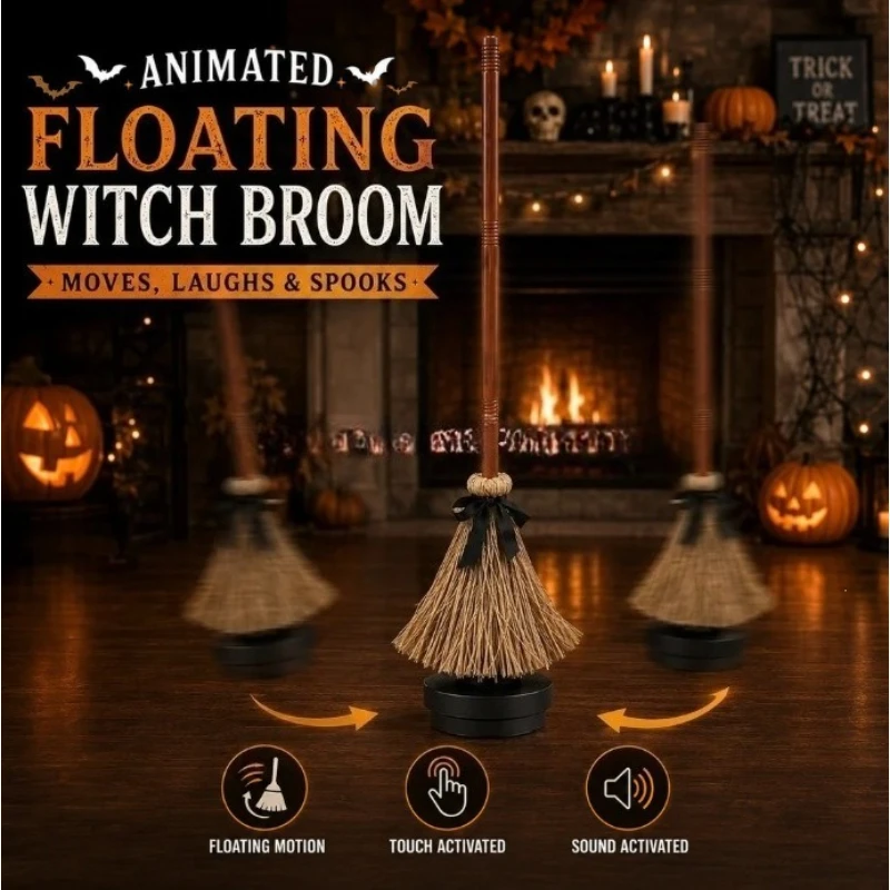 2026 New Halloween Animated Floating Witch Broom Festive Party Decoration Spooky Prop for Themed Celebrations