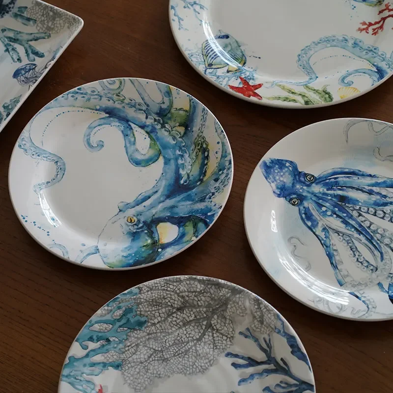 Marine animal underglaze color Western food plate, round coral octopus ceramic steak plate long plate