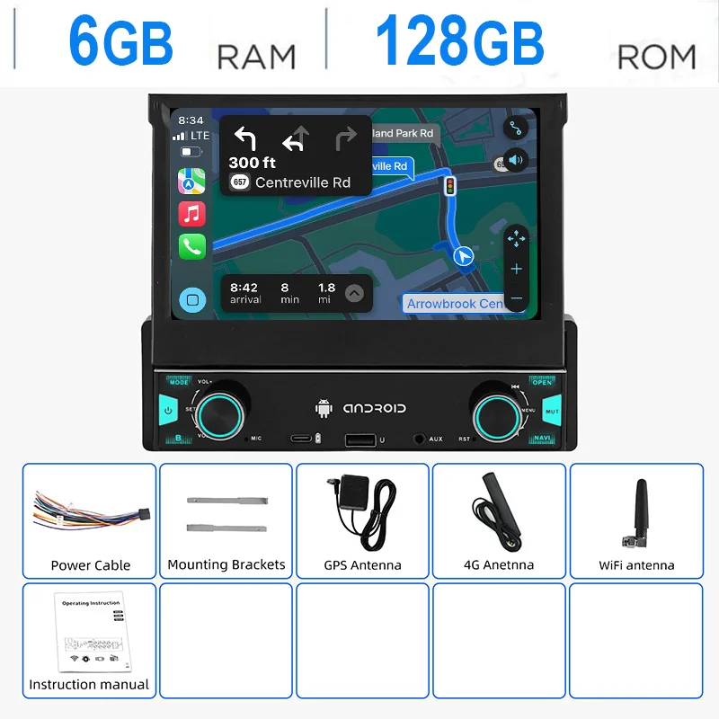 ESSGOO Autoradio Android15 7" 6+128 GB 1 DIN Handmatig Intrekbaar Uitklapbaar Aanraakscherm 4G LTE Draadloze CarPlay Android Auto RDS Equalizer GPS Navigatie WiFi Bluetooth FM AM Mirror Link