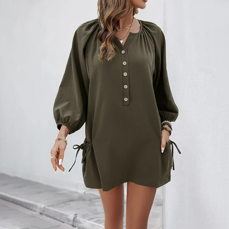 

Summer Dress Retro 2025 Summer New Casual Dresses Loose Pocket Solid Color Women Vintage Dress m