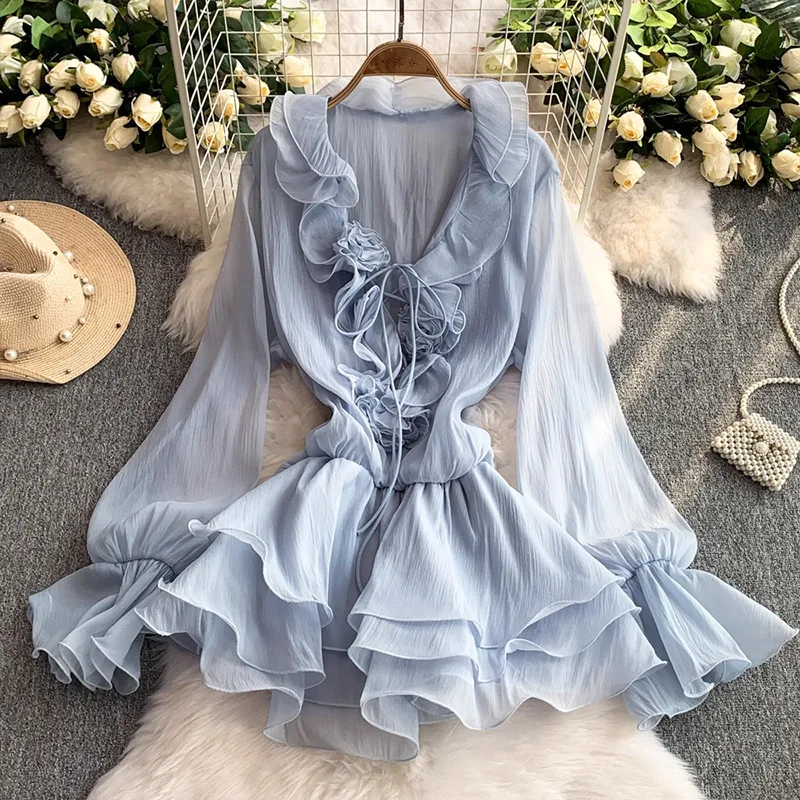 Mini robe d'été à volants abricot pour femmes, élégante, couleur unie, Slim, chemise trapèze, mode, manches longues, robe de plage, vacances, 2025